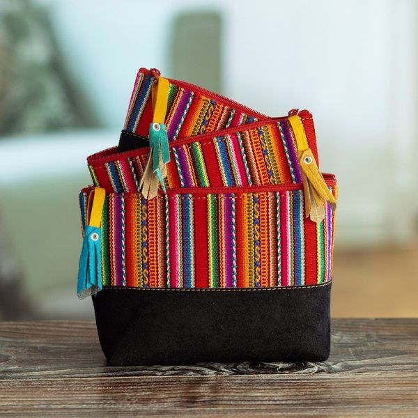 Alternate image for Handmade Wool Trim and Suede Cosmetic Bag from Peru Set of 3 Andean Triplets