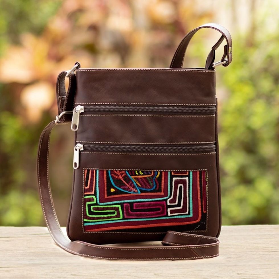 Brown Leather Sling with Mola Textile and Adjustable Strap 'Brown Forest'