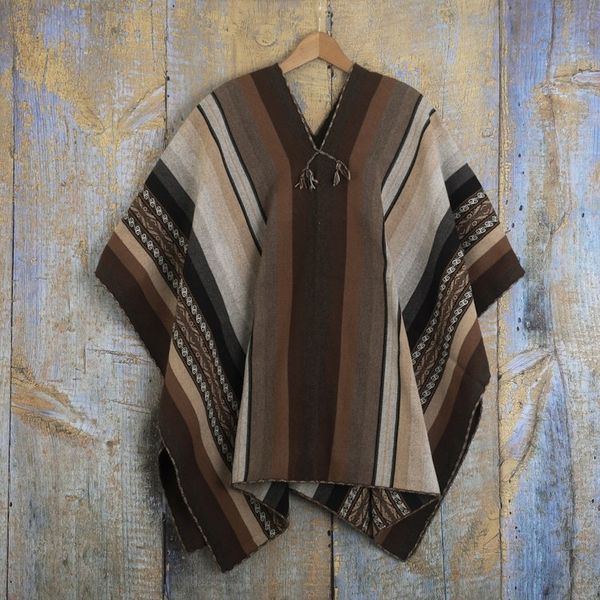 Alternate image for Backstrap Handwoven Mens Alpaca Poncho in Earth Tones Chinchero Legacy