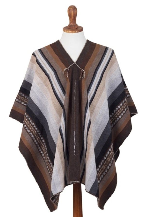 Alternate image for Backstrap Handwoven Mens Alpaca Poncho in Earth Tones Chinchero Legacy