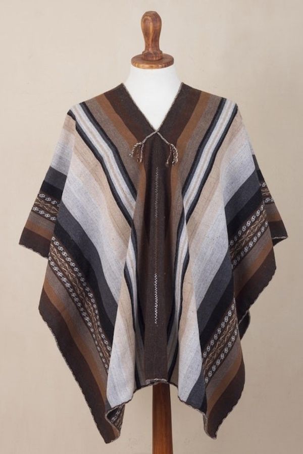 Alternate image for Backstrap Handwoven Mens Alpaca Poncho in Earth Tones Chinchero Legacy
