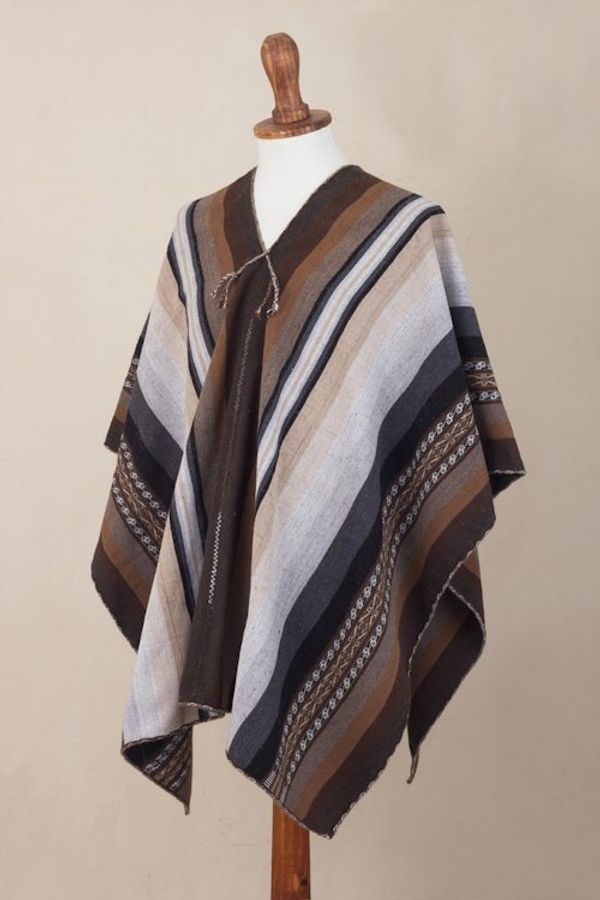 Alternate image for Backstrap Handwoven Mens Alpaca Poncho in Earth Tones Chinchero Legacy