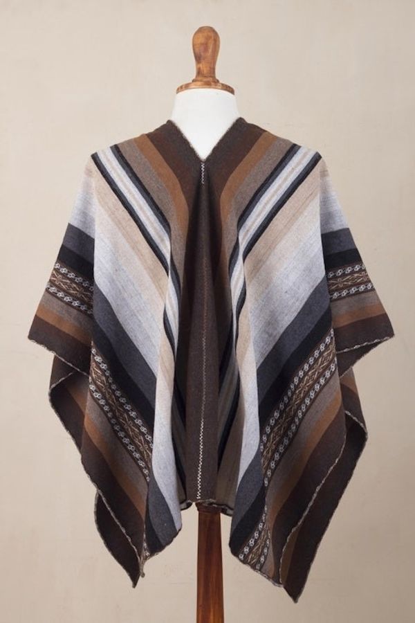 Alternate image for Backstrap Handwoven Mens Alpaca Poncho in Earth Tones Chinchero Legacy
