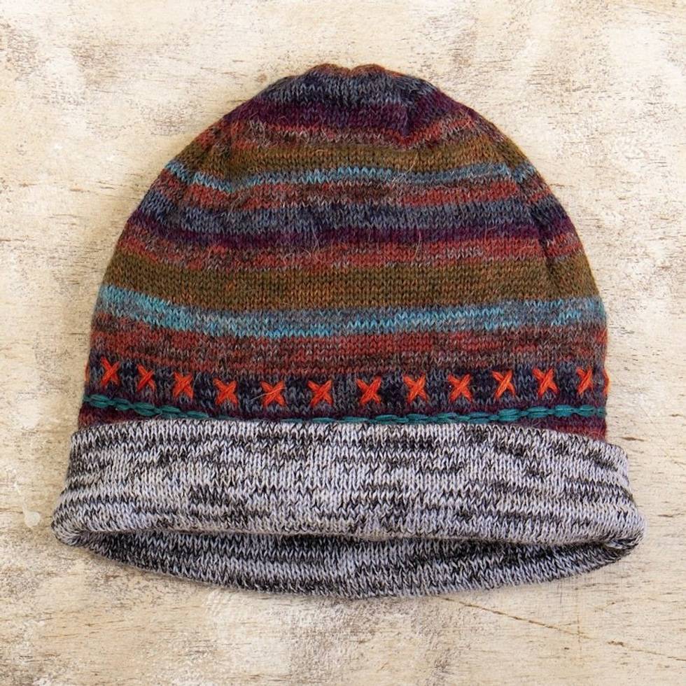 Reversible Unisex Striped 100 Alpaca Hat Knitted in Peru 'Two in One'