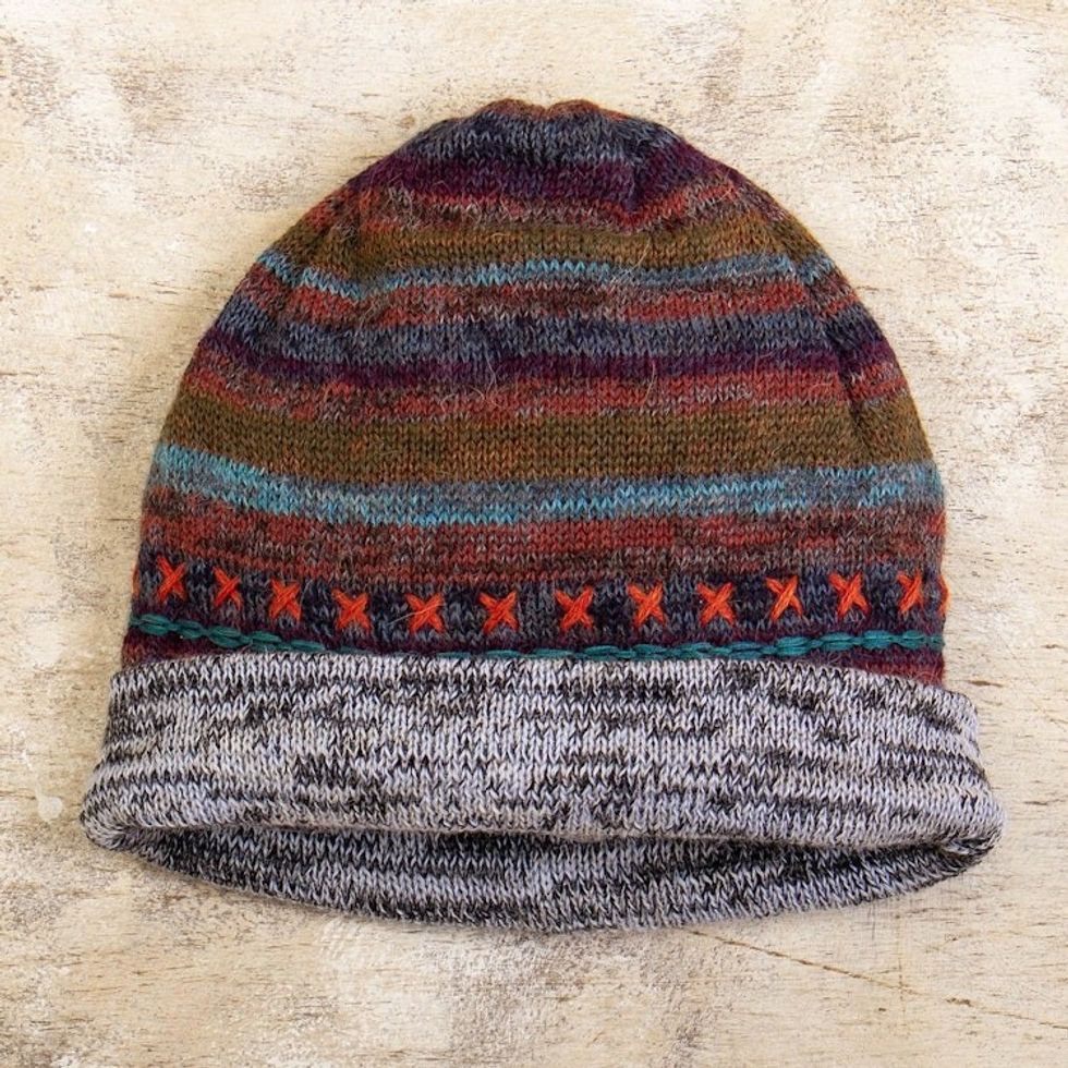 Reversible Unisex Striped 100 Alpaca Hat Knitted in Peru 'Two in One'