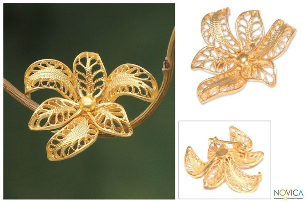 Handcrafted Floral Vermeil Filigree Brooch Pin 'Tropical Orchid'