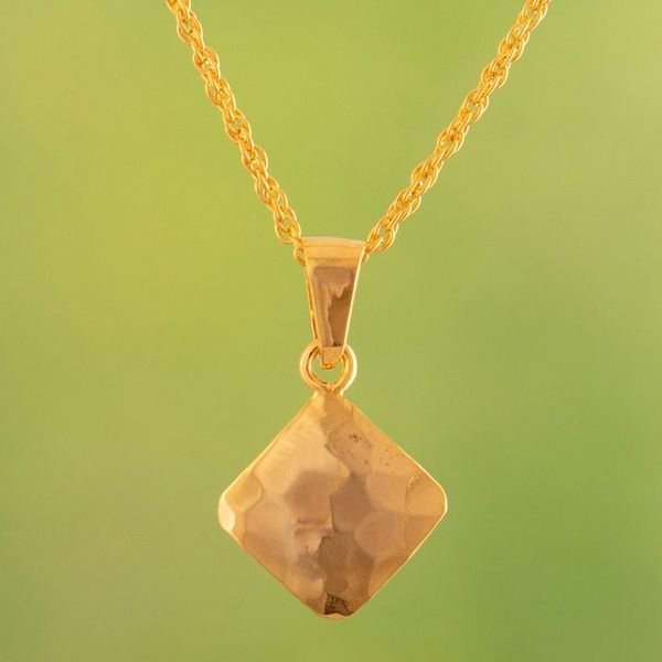 Alternate image for Modern Diamond-Shaped 18k Gold-Plated Pedant Necklace Hammered Gold