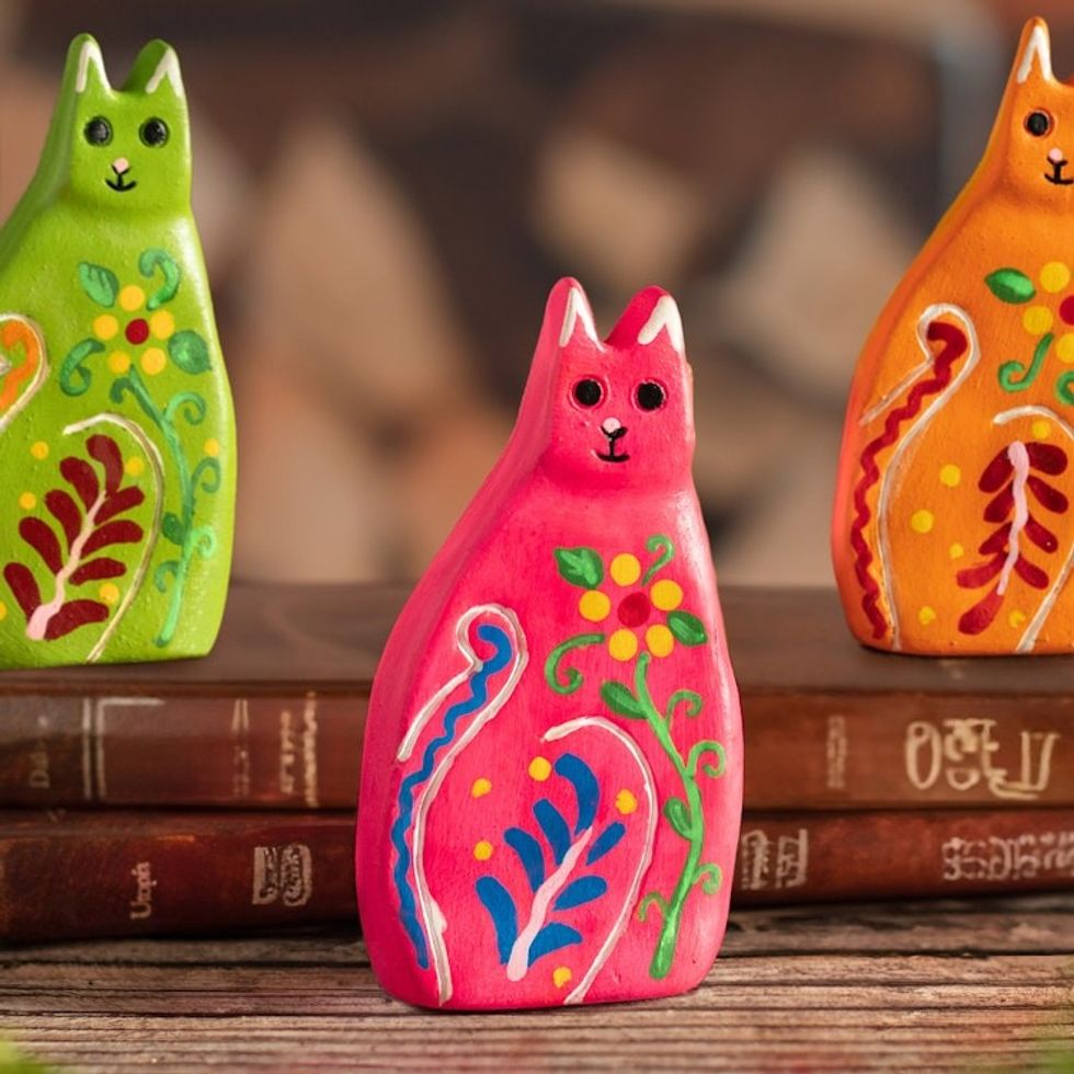 Vibrant Floral Ceramic Cat Statuette from Peru 'Guardian Kitten'