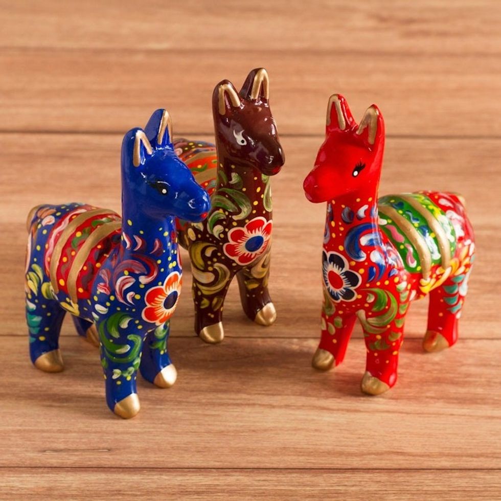 Hand Crafted Small Ceramic Llamas Set of 3 'Colors of the Andes'