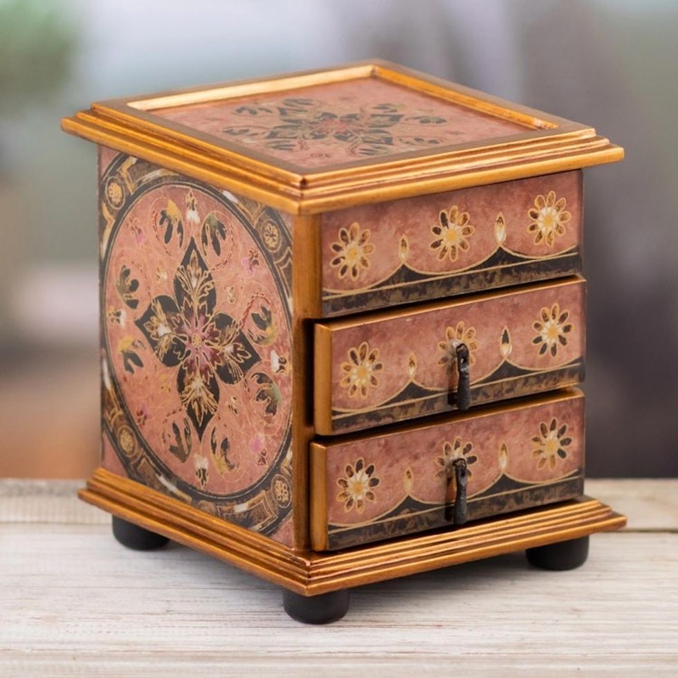 Floral Reverse Painted Glass Jewelry Box Handcrafted in Peru 'Small Flower'