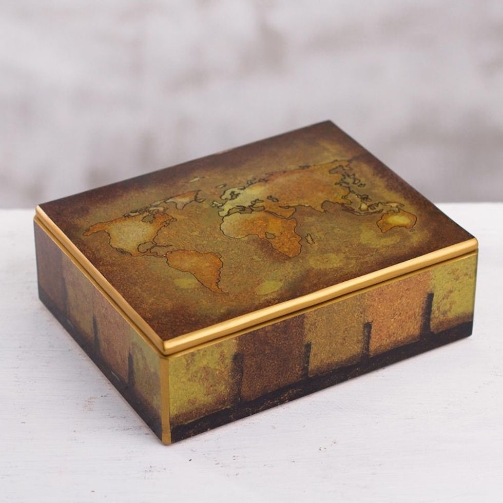 Golden World Map Reverse-Painted Glass Wood Decorative Box 'Cartographer's Treasure'