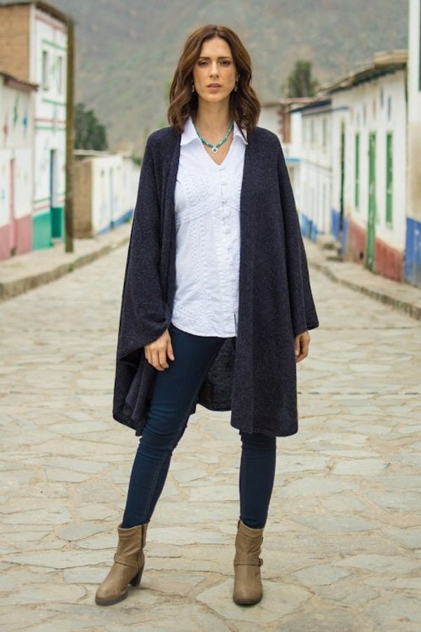 Alternate image for Textured Knit Alpaca Blend Ruana in Blue Shades from Peru Sea Blue