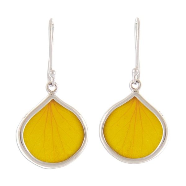 Alternate image for Sterling Silver and Dried Leaf Dangle Earrings from Peru Yellow Hydrangea