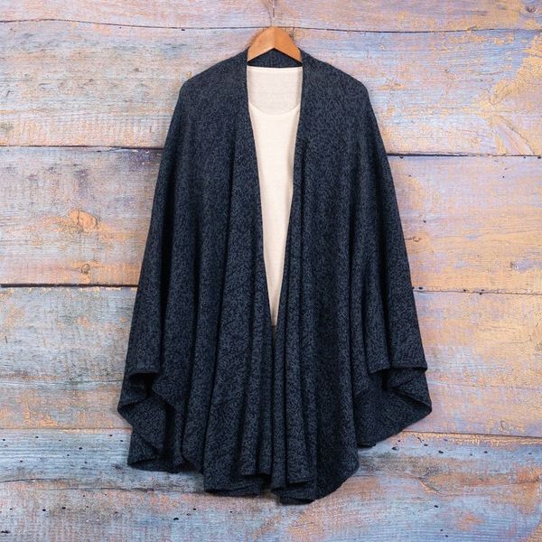 Alternate image for Textured Knit Alpaca Blend Ruana in Blue Shades from Peru Sea Blue