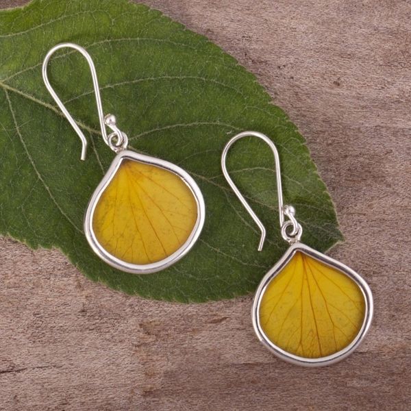 Alternate image for Sterling Silver and Dried Leaf Dangle Earrings from Peru Yellow Hydrangea