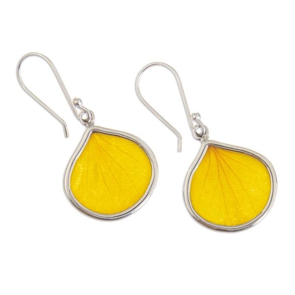 Alternate image for Sterling Silver and Dried Leaf Dangle Earrings from Peru Yellow Hydrangea