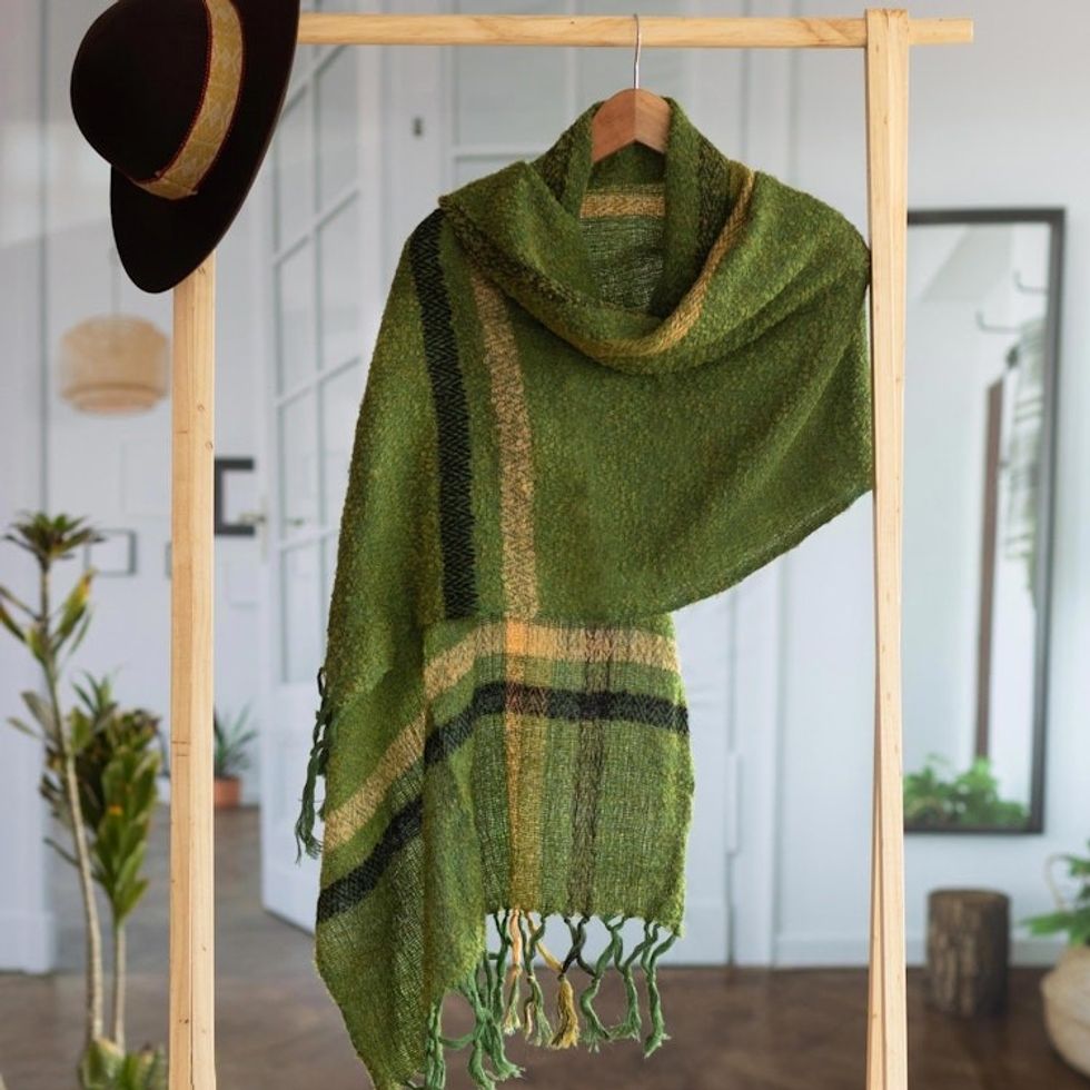 Handwoven Alpaca Blend Shawl in Moss Green from Peru 'Moss Elegance'