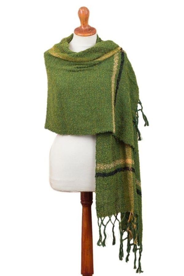 Alternate image for Handwoven Alpaca Blend Shawl in Moss Green from Peru Moss Elegance