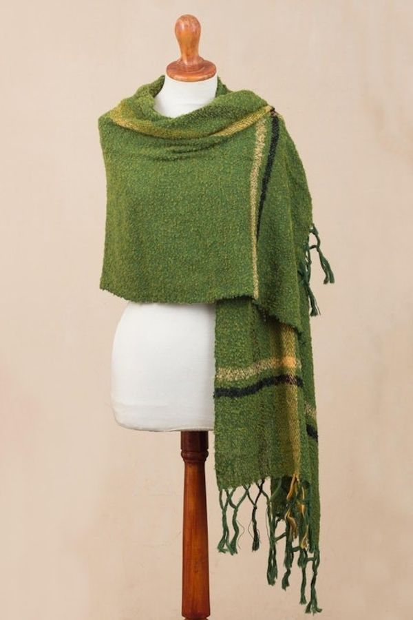 Alternate image for Handwoven Alpaca Blend Shawl in Moss Green from Peru Moss Elegance