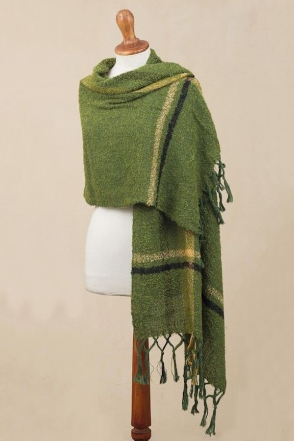 Alternate image for Handwoven Alpaca Blend Shawl in Moss Green from Peru Moss Elegance