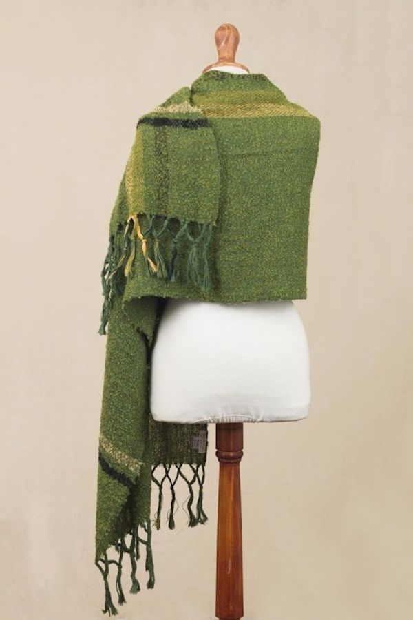 Alternate image for Handwoven Alpaca Blend Shawl in Moss Green from Peru Moss Elegance
