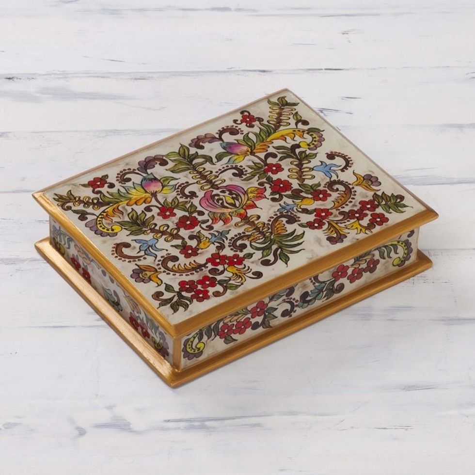 Reverse Painted Glass Jewelry Box 'Floral Dream'