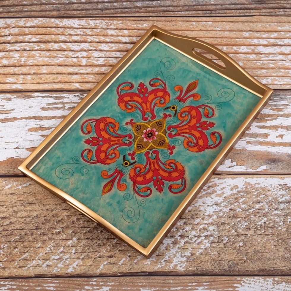 Reverse-Painted Glass and Wood Serving Tray Handmade in Peru 'Sweet Spring Flower'