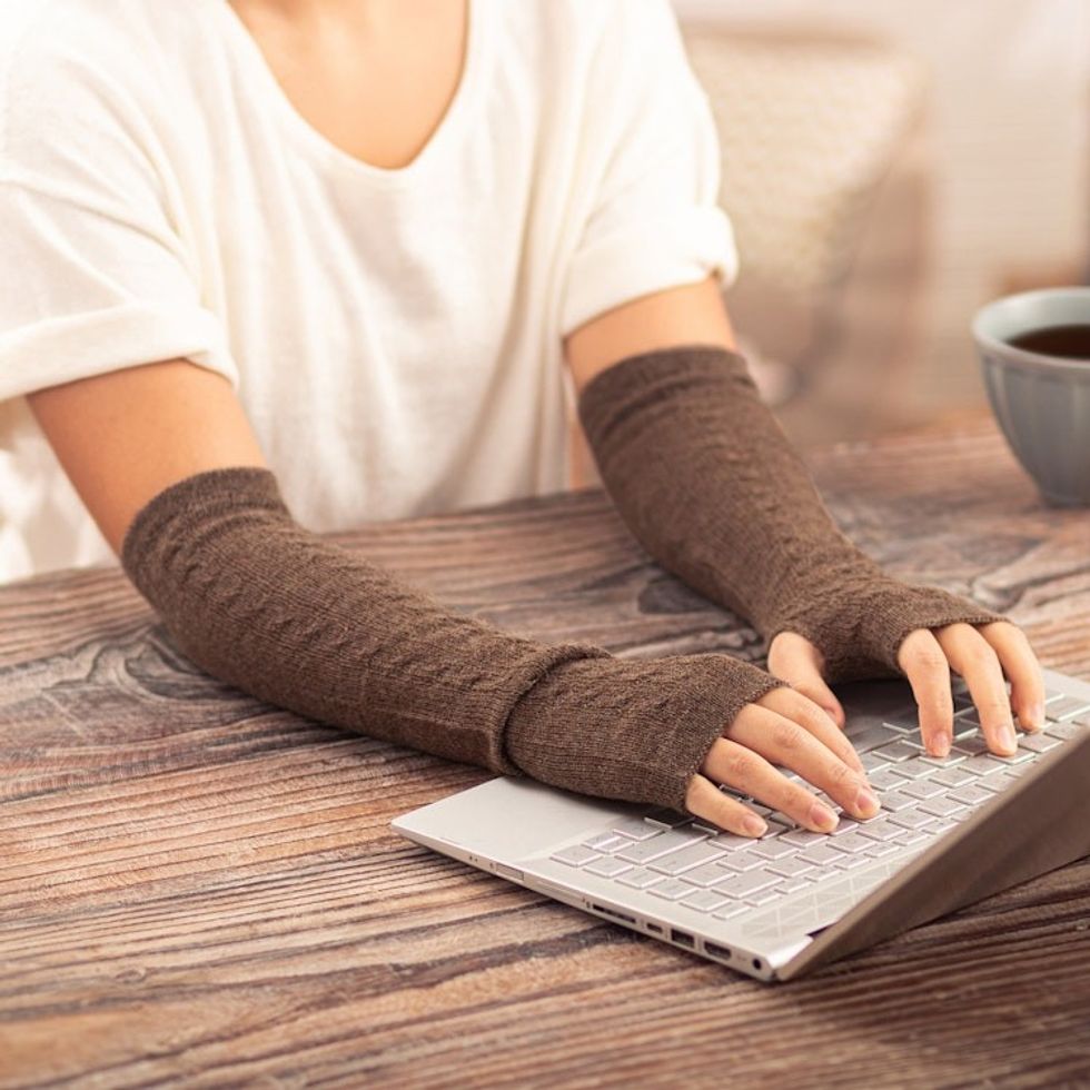 Chestnut Brown 100 Baby Alpaca Cable Knit Fingerless Mitts 'Luscious Twist in Chestnut'