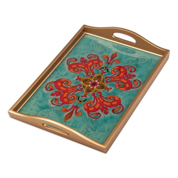 Alternate image for Reverse-Painted Glass and Wood Serving Tray Handmade in Peru Sweet Spring Flower