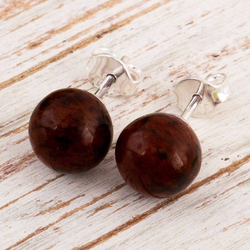 Sterling Silver Stud Earrings with Obsidian Stone from Peru 'Amazonian Soil'
