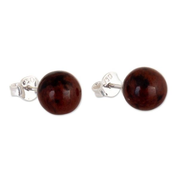 Alternate image for Sterling Silver Stud Earrings with Obsidian Stone from Peru Amazonian Soil