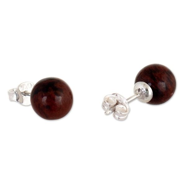 Alternate image for Sterling Silver Stud Earrings with Obsidian Stone from Peru Amazonian Soil