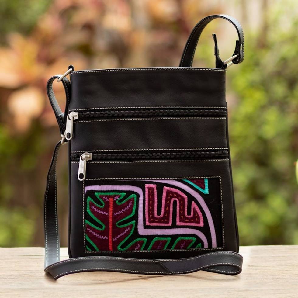 Black Leather Sling with Mola Textile and Adjustable Strap 'Dark Paradise'