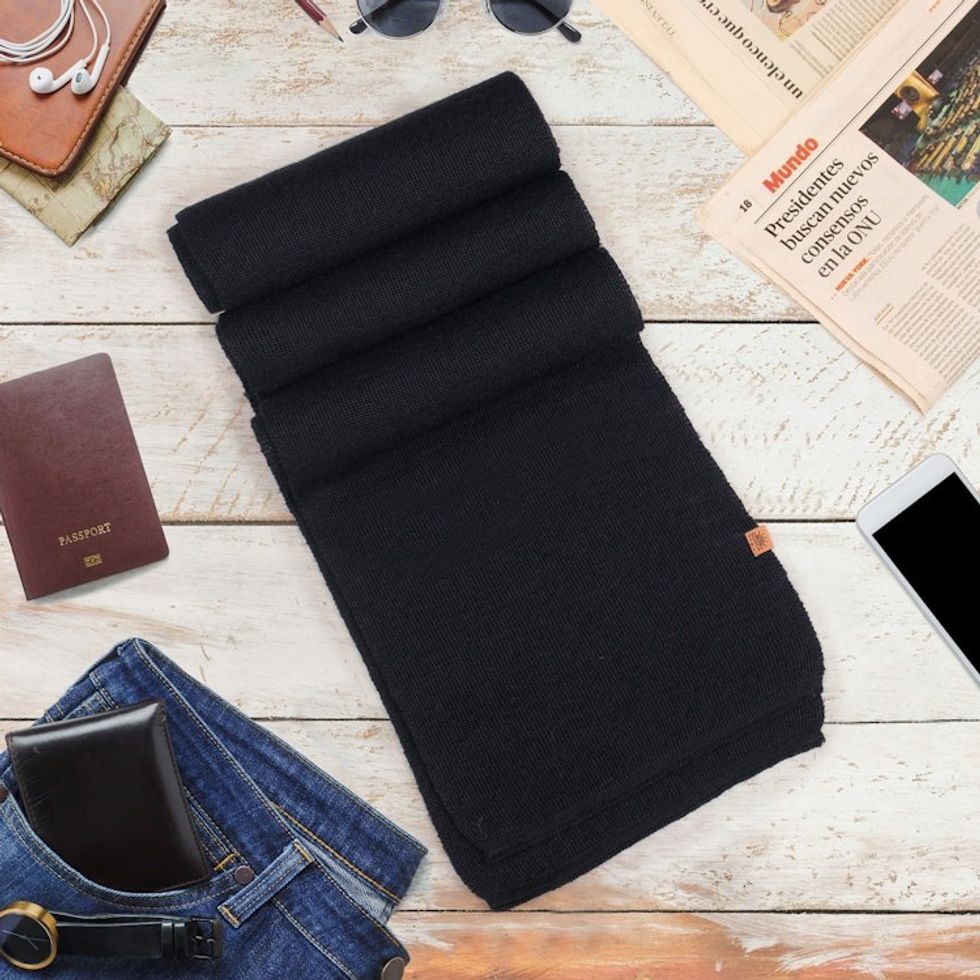 Knit Alpaca Blend Scarf in Black Shade from Peru 'Cozy Ebony'