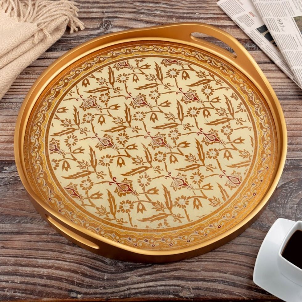 Leafy and Floral Reverse-Painted Glass Tray from Peru 'Golden Harvest'