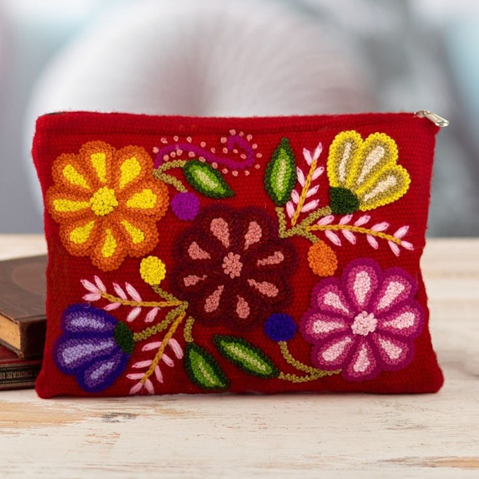 Hand Embroidered Wine Red Wool Cosmetic Bag 'Highland Wine'
