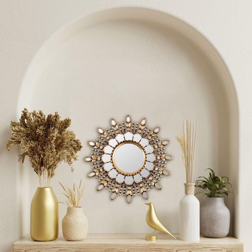 Handmade Bronze Gilded Wood Wall Mirror from Peru 'Radiant Light'