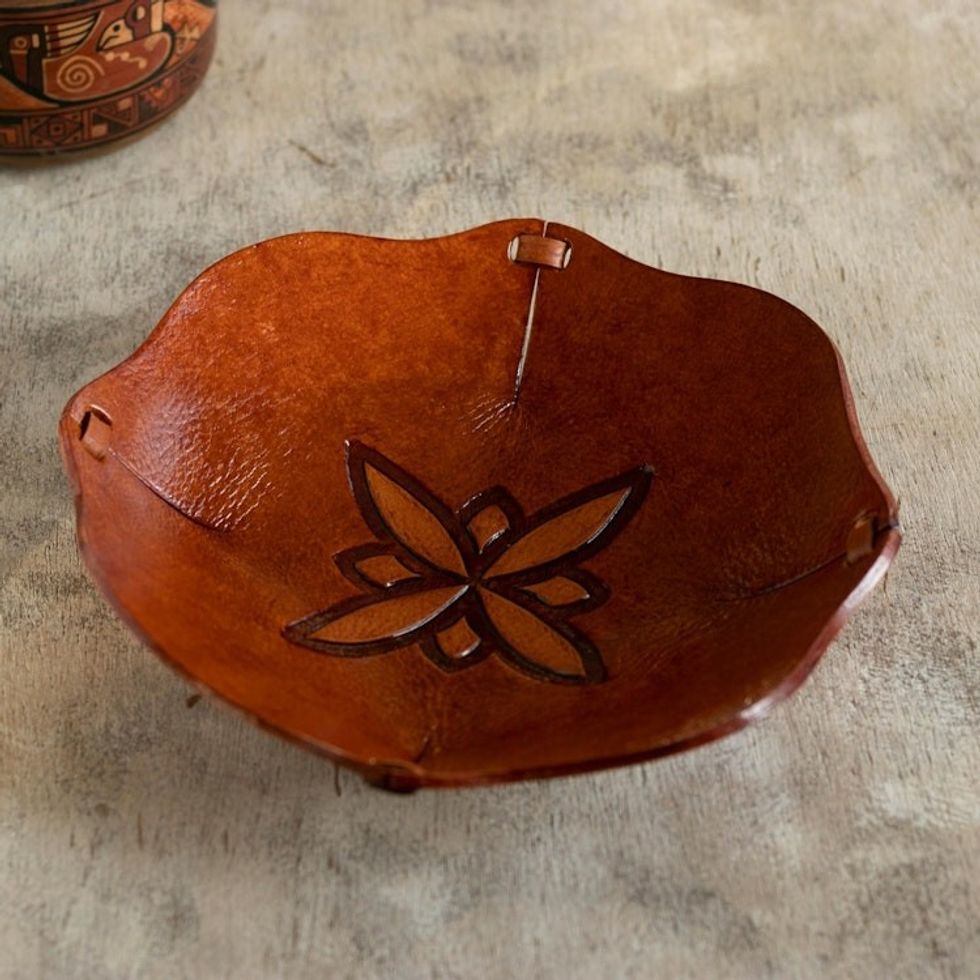 Pure Leather Catchall with Floral Design from Peru 'Andean Flower'