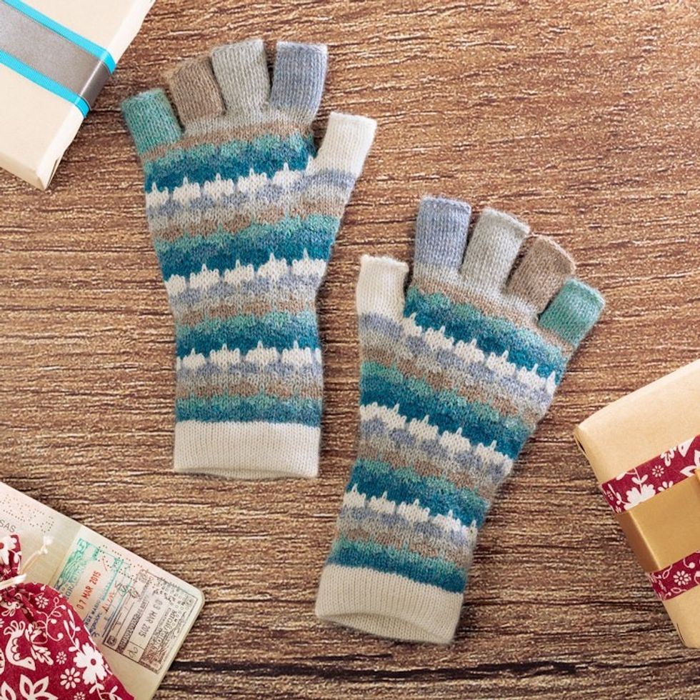 Knit Ivory Blue and Grey 100 Baby Alpaca Fingerless Gloves 'Teal Colorful Life'