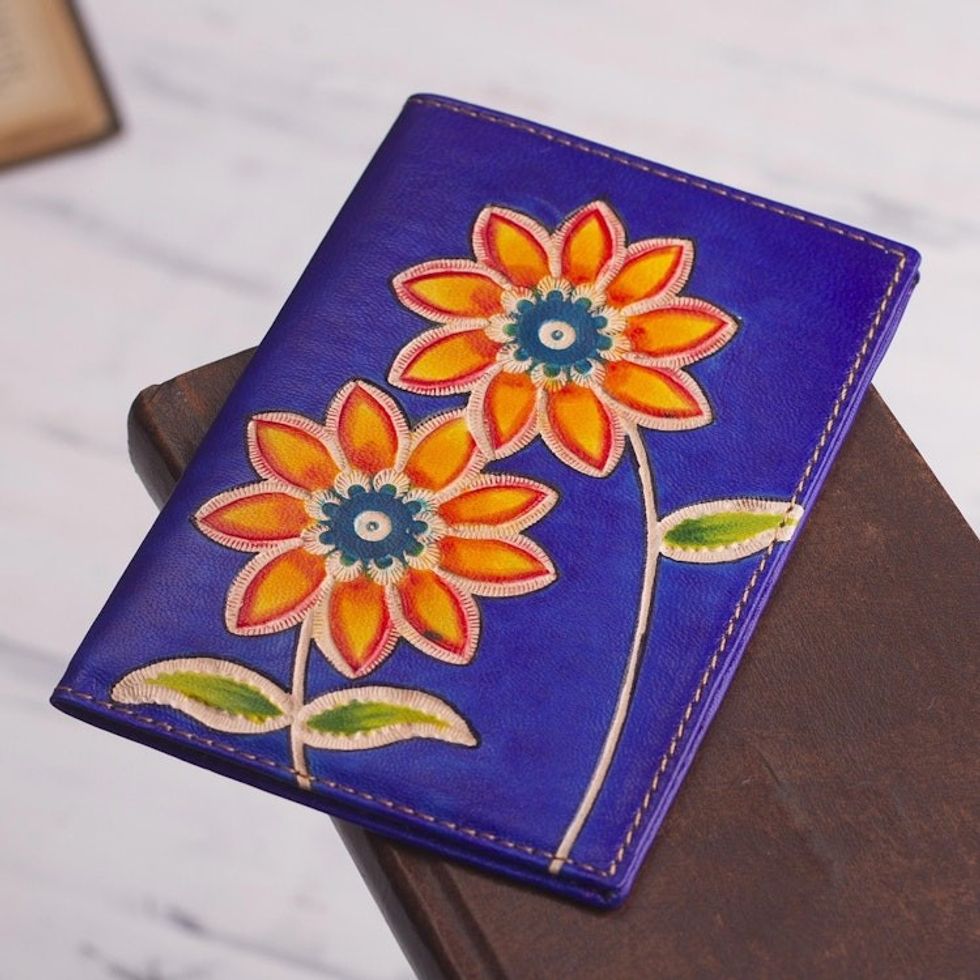 Blue Leather Passport Cover with Hand Painted Flowers 'Lovely Traveler in Blue'
