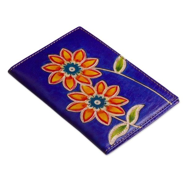 Alternate image for Blue Leather Passport Cover with Hand Painted Flowers Lovely Traveler in Blue