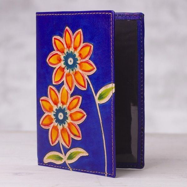 Alternate image for Blue Leather Passport Cover with Hand Painted Flowers Lovely Traveler in Blue