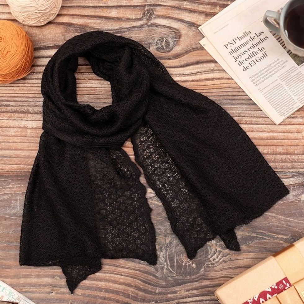 Textured 100 Baby Alpaca Wrap Scarf in Black from Peru 'Black Gossamer'