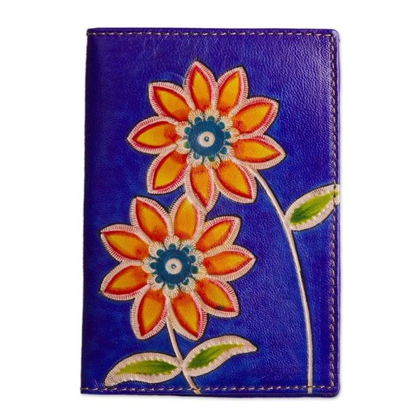 Alternate image for Blue Leather Passport Cover with Hand Painted Flowers Lovely Traveler in Blue