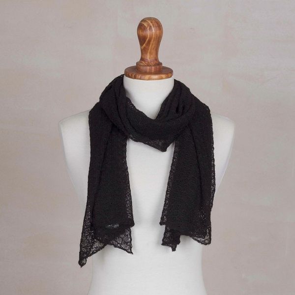 Alternate image for Textured 100 Baby Alpaca Wrap Scarf in Black from Peru Black Gossamer