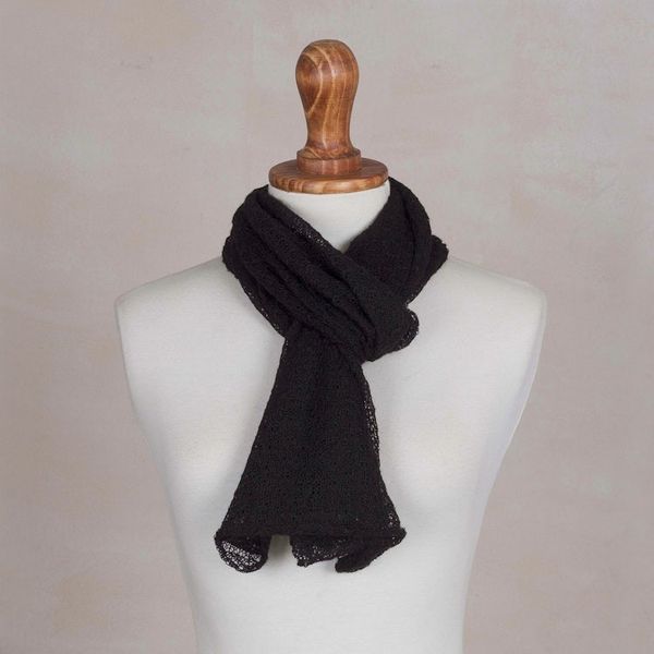 Alternate image for Textured 100 Baby Alpaca Wrap Scarf in Black from Peru Black Gossamer