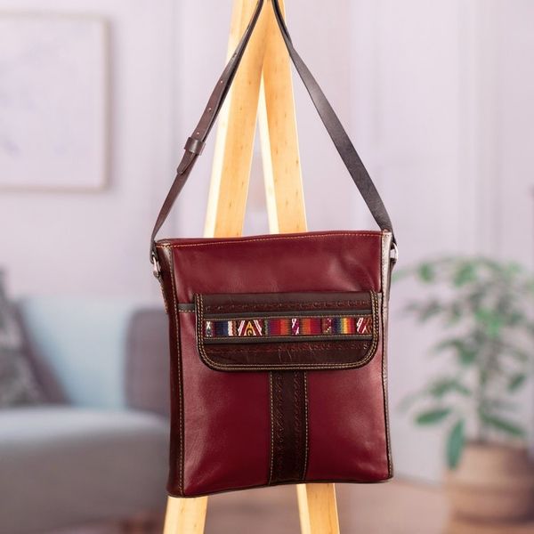 Alternate image for Burgundy Leather Sling Bag with Hand Loomed Wool Accent Route to Adventure