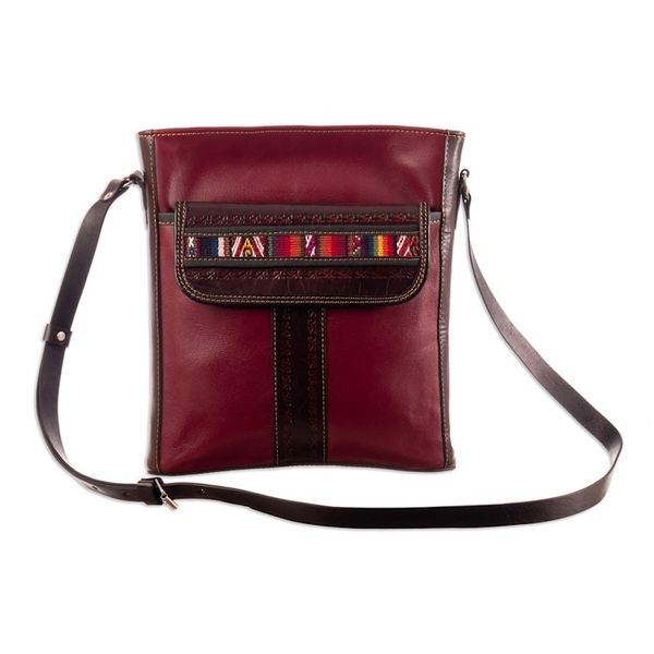 Alternate image for Burgundy Leather Sling Bag with Hand Loomed Wool Accent Route to Adventure