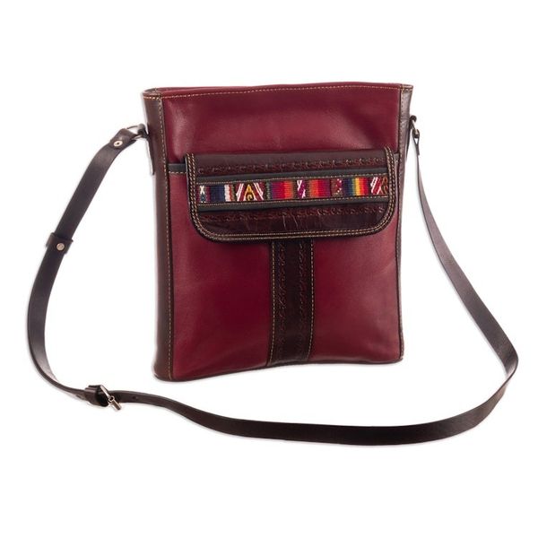 Alternate image for Burgundy Leather Sling Bag with Hand Loomed Wool Accent Route to Adventure