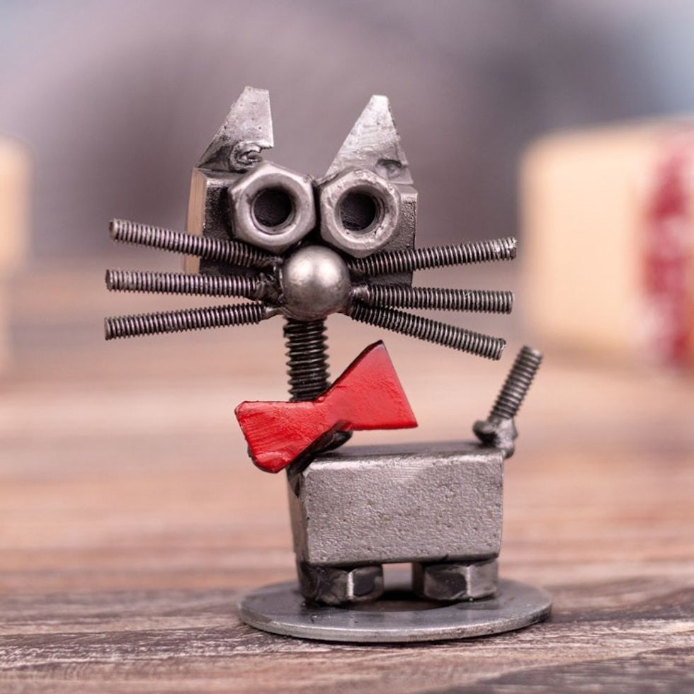 Eco-Friendly Recycled Metal Figurine of a Cat with a Bow Tie 'Bow Tie Cat'